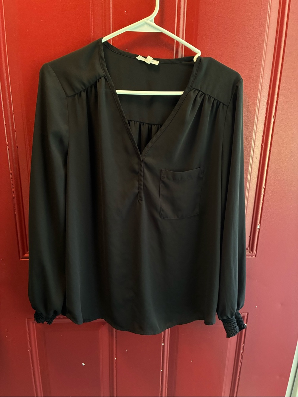 Pleione Black V-Neck Long Sleeve Blouse with Pocket